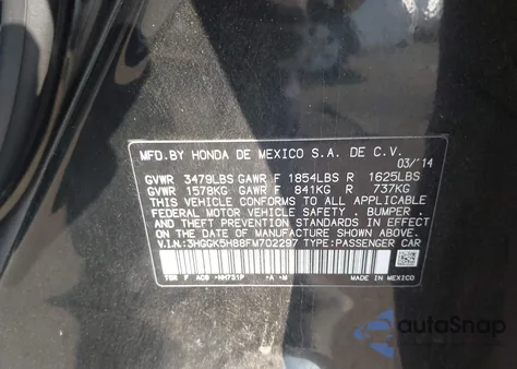 2015 Honda Fit Ex/Ex-L from USA, damaged, VIN 3HGGK5H88FM702297
